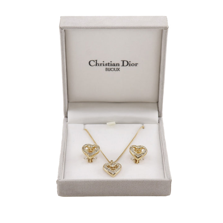 Dior plaqué Strass CD Logo Heart Pendant Collier et Clip On Boucles d’oreilles Set