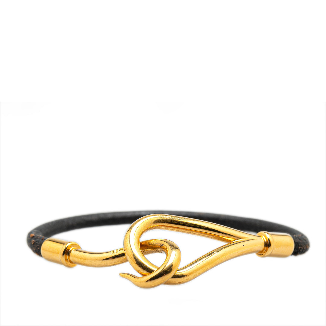 Gold Plated and Leather Jumbo Hook Bracelet Black - Gaby Paris