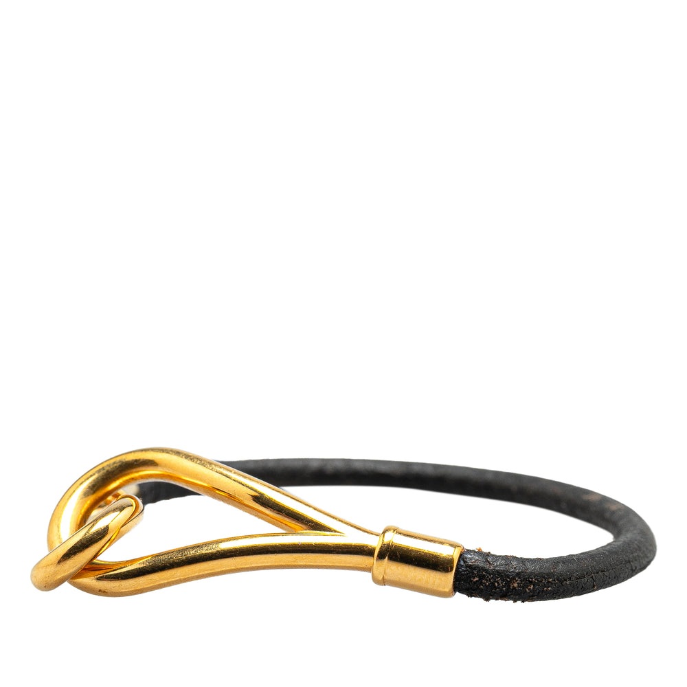 Gold Plated and Leather Jumbo Hook Bracelet Black - Gaby Paris
