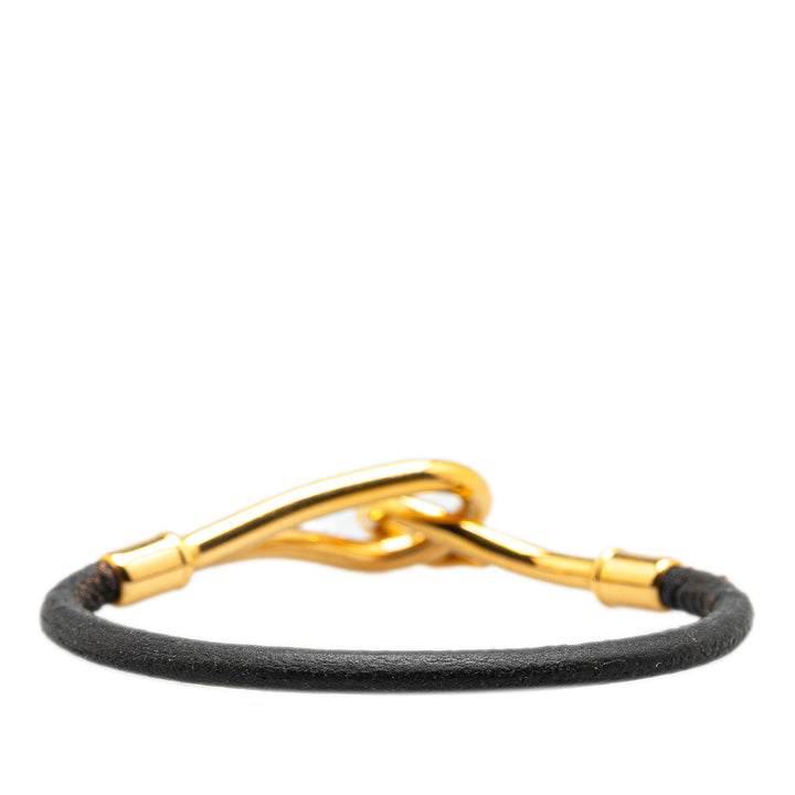 Gold Plated and Leather Jumbo Hook Bracelet Black - Gaby Paris