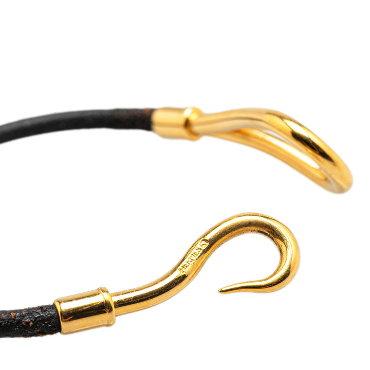 Gold Plated and Leather Jumbo Hook Bracelet Black - Gaby Paris