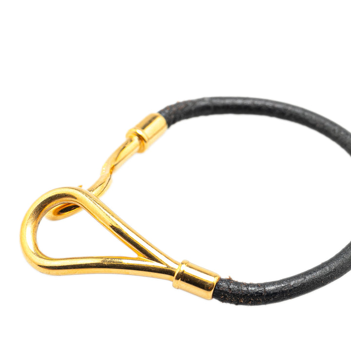 Gold Plated and Leather Jumbo Hook Bracelet Black - Gaby Paris