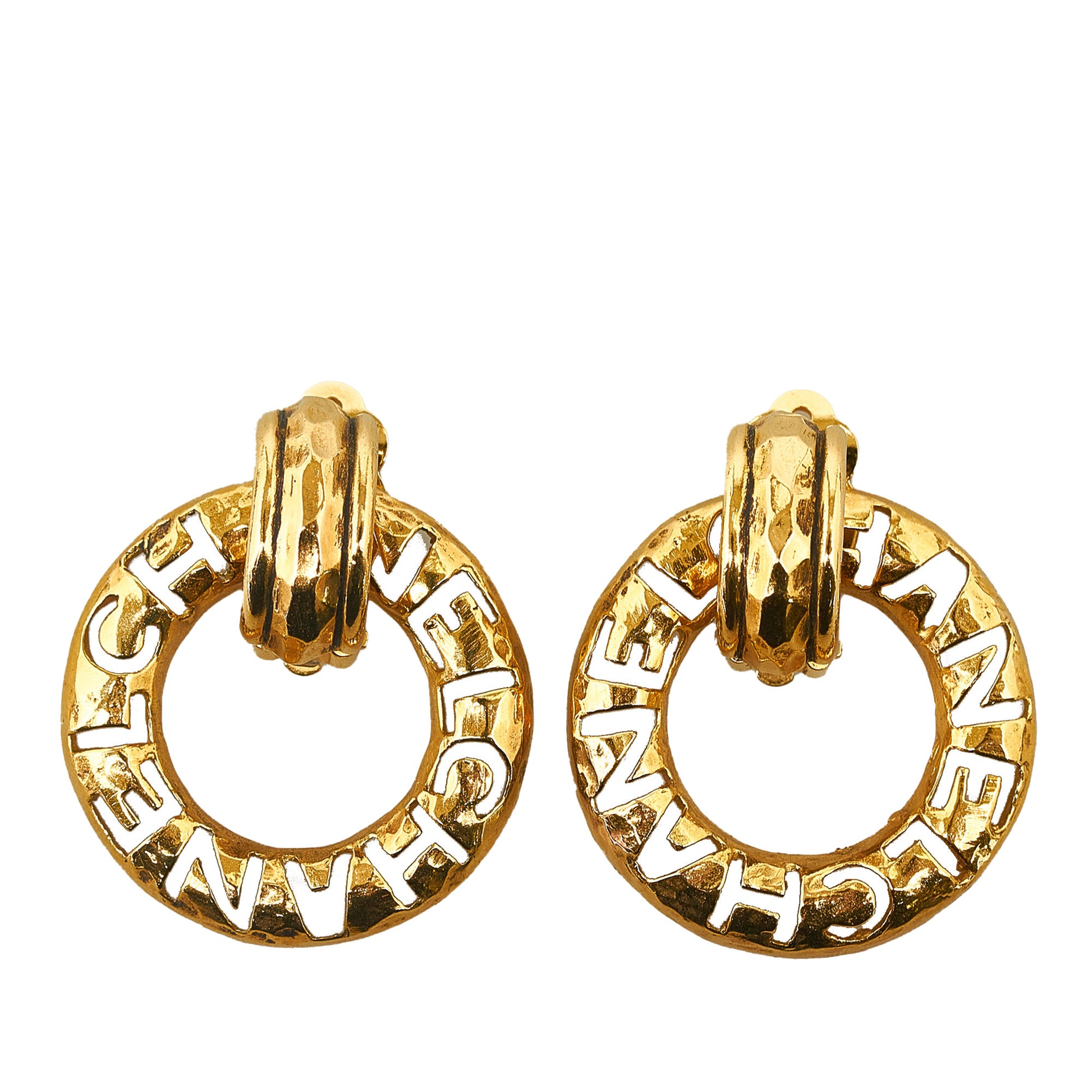 Vintage Cut-Out Logo Ring Drop Clip-On Earrings Gold - Gaby Paris