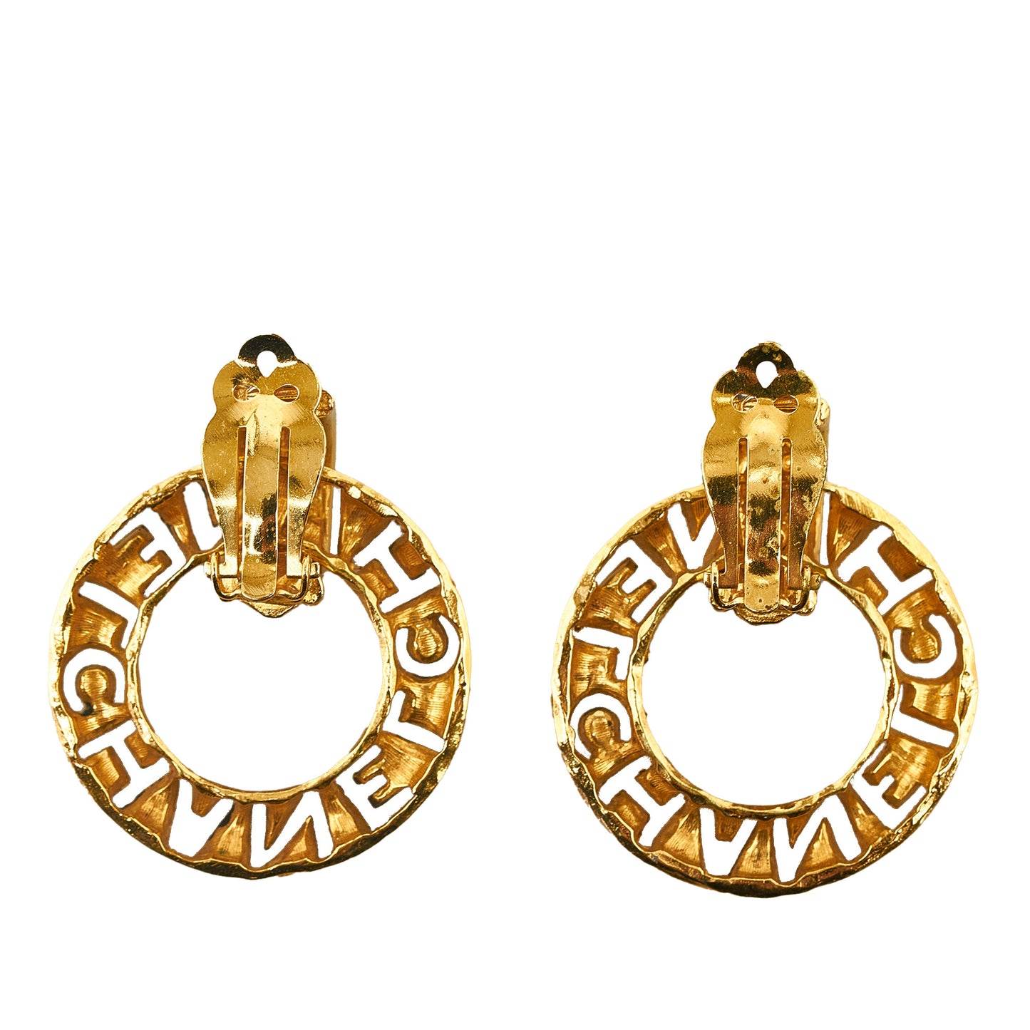 Vintage Cut-Out Logo Ring Drop Clip-On Earrings Gold - Gaby Paris